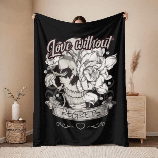 Love With No Regrets Skull With Roses Gift Throw Blankets