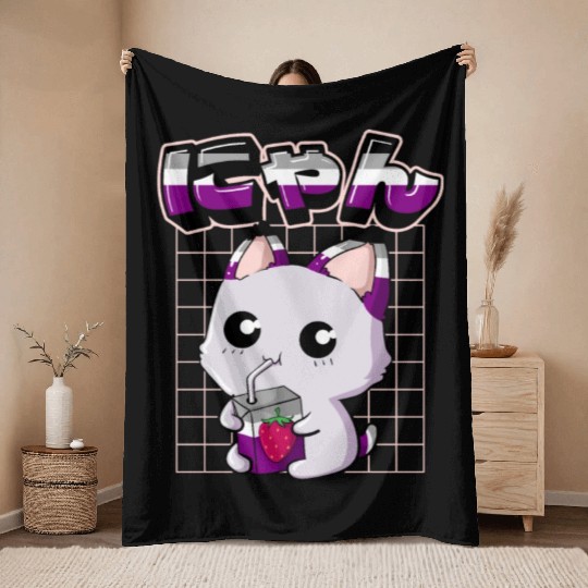Asexual Pride Kawaii Cat Strawberry Milk Asexual F Throw Blankets