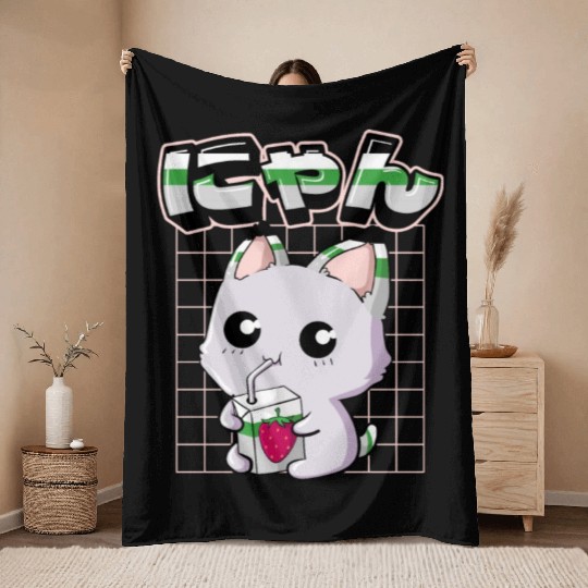 Demiromantic Pride Kawaii Cat Strawberry Milk Throw Blankets