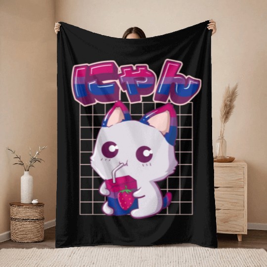 Bisexual Pride Bi Kawaii Cat Strawberry Milk Bisex Throw Blankets