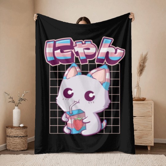 Transgender Pride Kawaii Cat Strawberry Milk Trans Throw Blankets