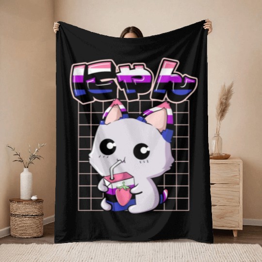 Genderfluid Pride Kawaii Cat Strawberry Milk Throw Blankets