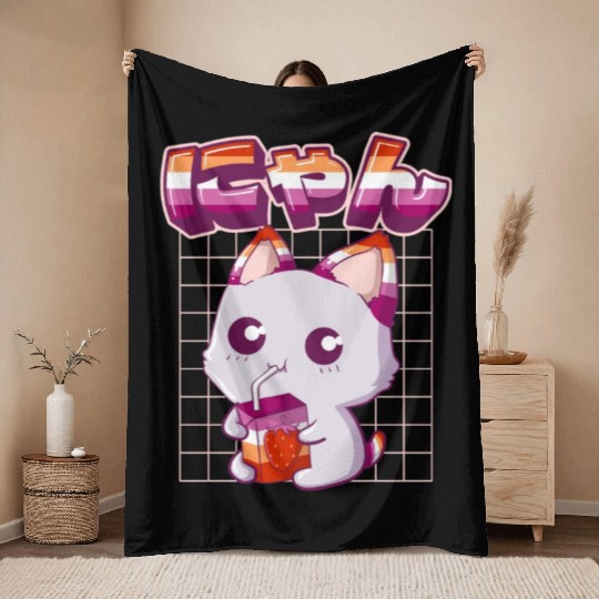 Lesbian Pride Gay Kawaii Cat Strawberry Milk Lesbi Throw Blankets