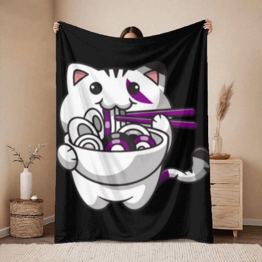 Asexual Pride Kawaii Cat Ramen Noodles Asexual Fla Throw Blankets