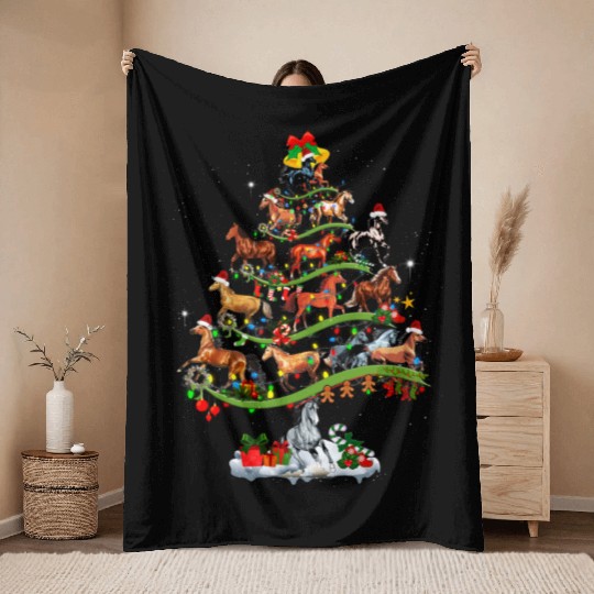 Horse Tree Christmas Candy Cane Gift Ornament Throw Blankets