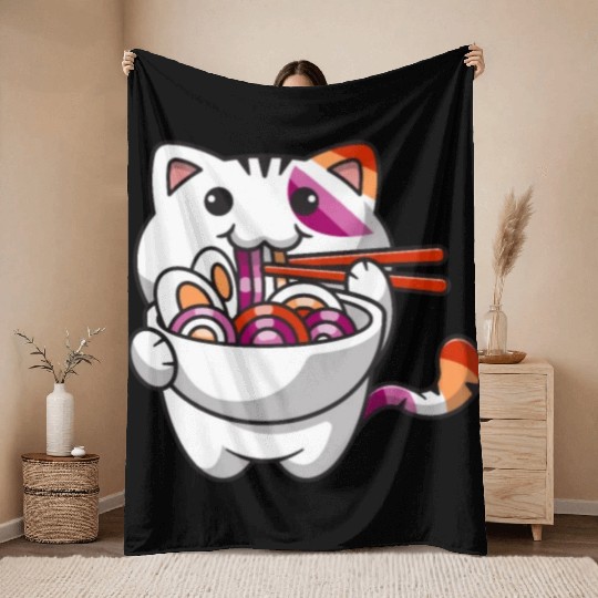Lesbian Pride Gay Kawaii Cat Ramen Noodles Lesbian Throw Blankets