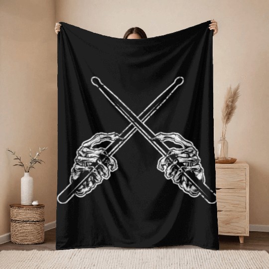 Drummer Drum Sticks Rock & Roll Skeleton Horns Per Throw Blankets
