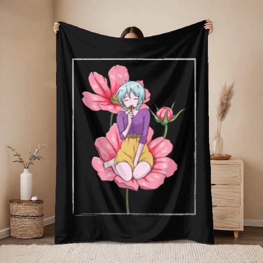 Bloomcore Aesthetic Anime Girl Flowers Cottagecore Throw Blankets