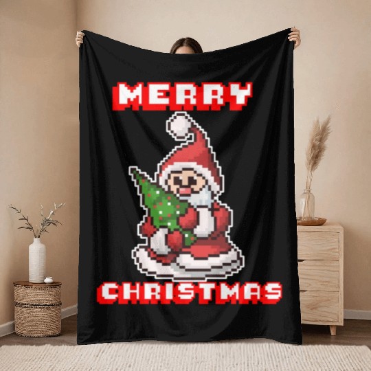Merry Christmas I Xmas I 8 Bit Pixelated Santa Throw Blankets