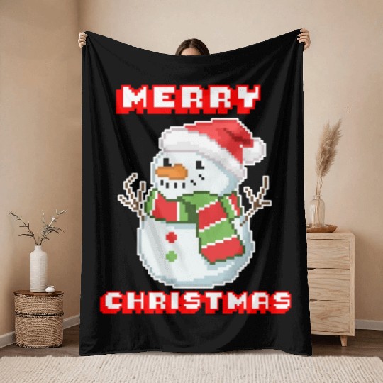 Merry Christmas I Xmas I 8 Bit Pixelated Snowman Throw Blankets