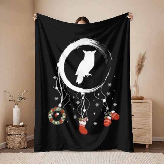 Winter dreamcatcher Christmas Owl Throw Blankets