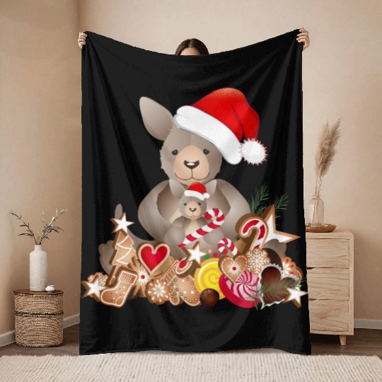 cute kangaroo for christmas with santa hat Throw Blankets