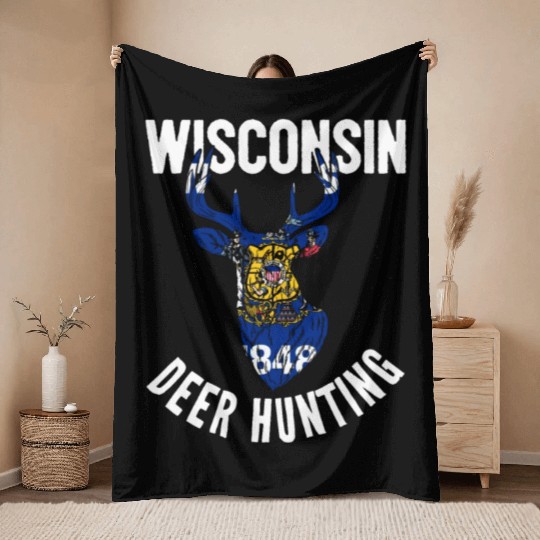 Wisconsin Deer Hunting Buck Stag Hunter Throw Blankets