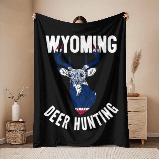 Wyoming Deer Hunting Buck Stag Hunter Throw Blankets