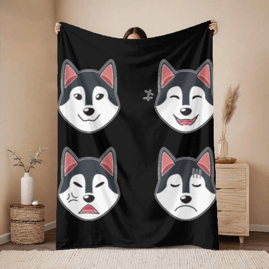 Funny Siberian Husky Dog Cartoon Faces Throw Blankets