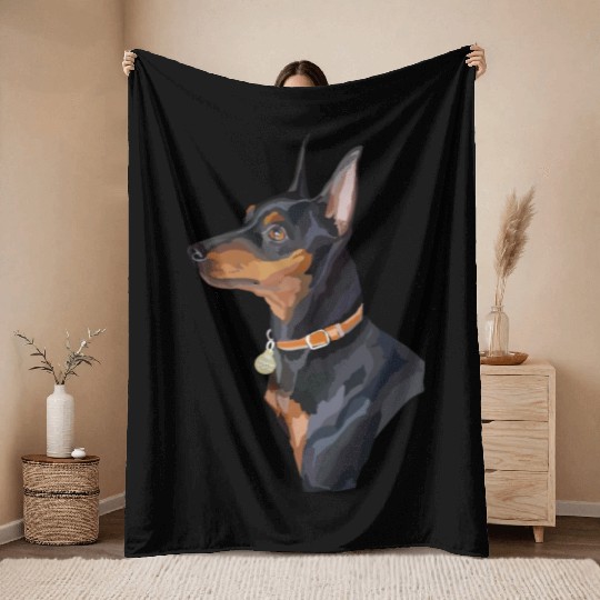 Cute Miniature Pinscher Dog Watercolor Painting Throw Blankets