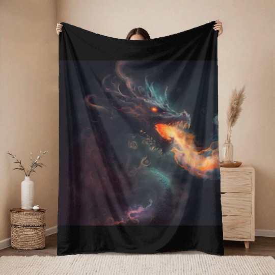 Dark fantasy fire breathing dragon Throw Blankets