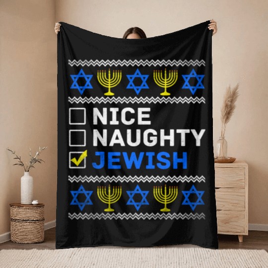 Nice Naughty Jewish Ugly Hanukkah Sweater Chanukah Throw Blankets