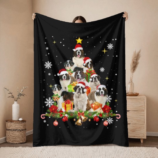 Saint Bernard Christmas Tree Funny Christmas Throw Blankets