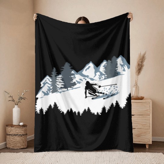 Skier and Mountains, Skiing Throw Blankets