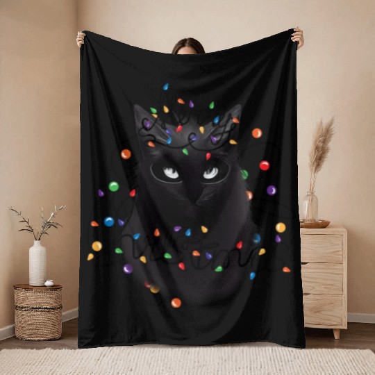 Black Cat christmas light Throw Blankets