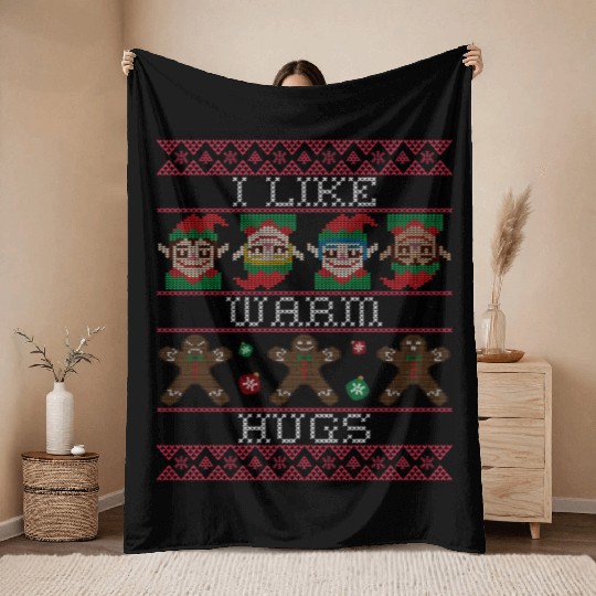christmas ugly i like warm hugs green elfs Throw Blankets