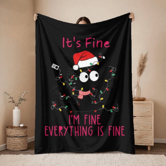 Everything's Fine Black Cat Tangled in XMAS Light Throw Blankets