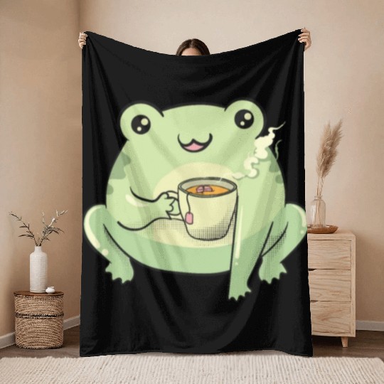 Funny Kawaii Frog Tea Cute Frog Throw Blankets