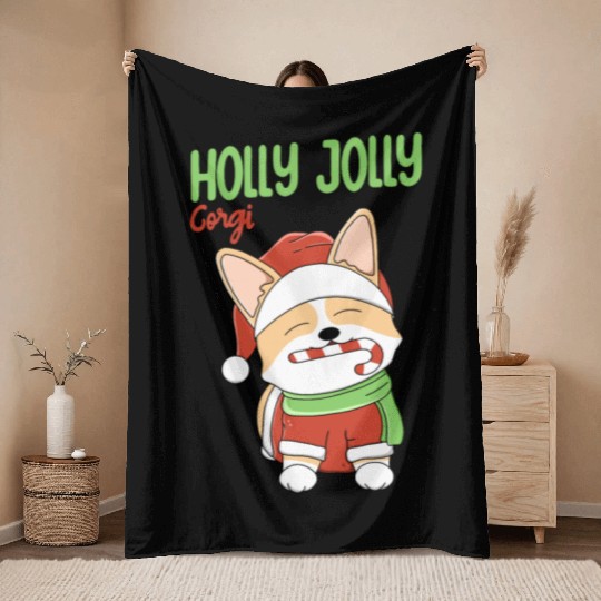 Holly Jolly Corgi Throw Blankets