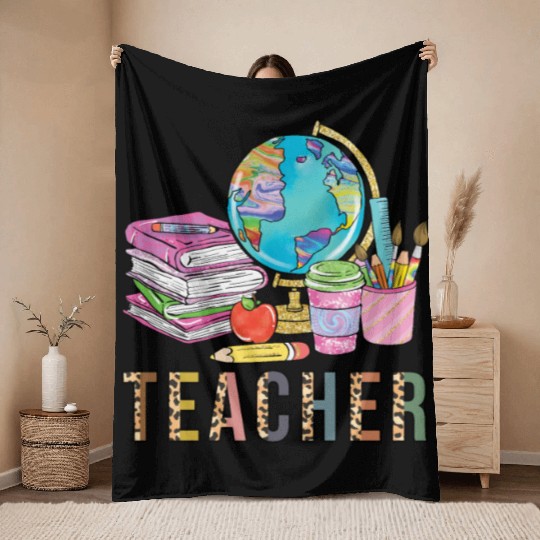 Cute Teacher Leopard Print Globe First Day of Throw Blankets