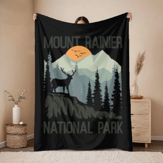 Mount Rainier National Park Mountains Deer Throw Blankets