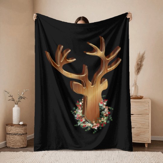 Deer head in wood look with Christmas wreath Throw Blankets