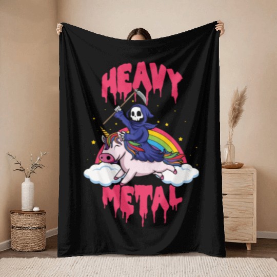 Grim Unicorn Rainbow Metal Music Heavy Rock Throw Blankets