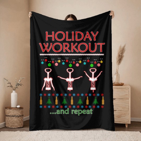 Holiday Workout Drink And Repeat Wine Christmas Throw Blankets