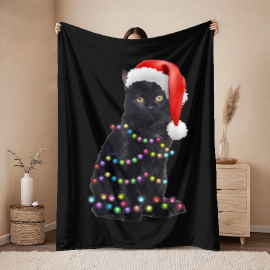 Black Cat Christmas Light Funny Cat Love Christmas Throw Blankets