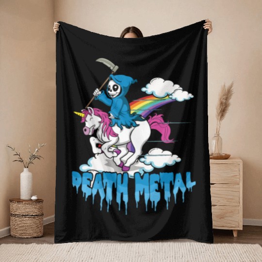 Grim Unicorn Rainbow Metal Music Lover Guitarist Throw Blankets