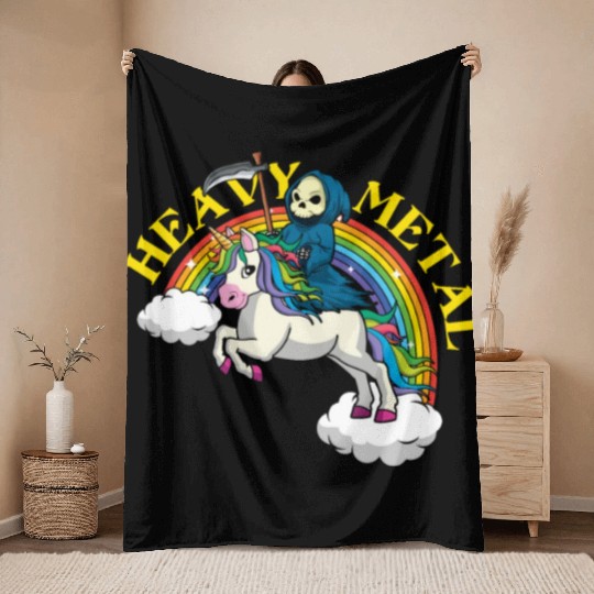 Skeleton Unicorn Rainbow Metal Music Heavy Rock Throw Blankets