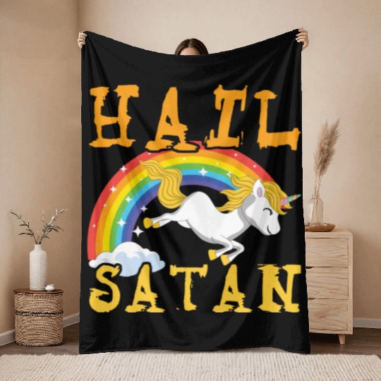 Hail Satan Unicorn Rainbow Metal Music Lover Rock Throw Blankets