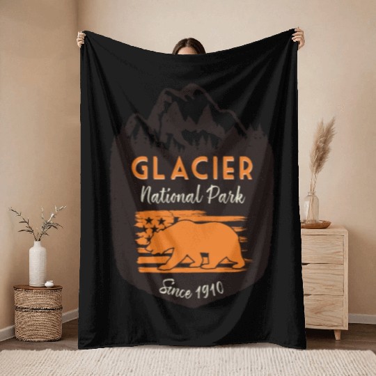 Glacier National Park US Flag Grizzly Bear Throw Blankets