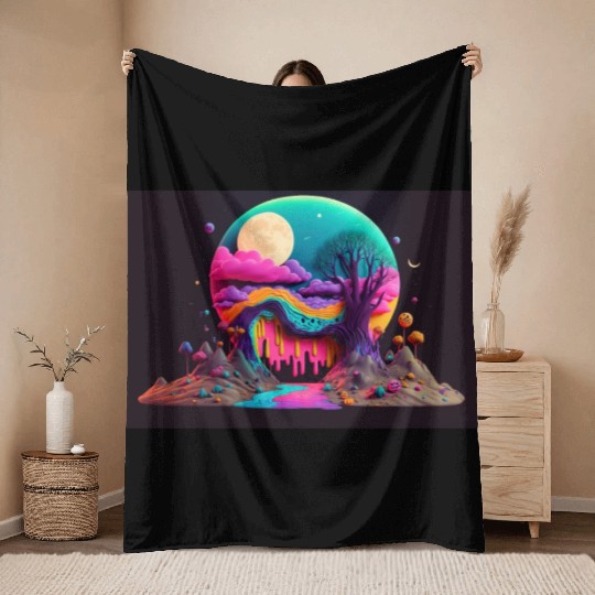 Spooky Full Moon Psychedelic Landscape Paint Drips Throw Blankets
