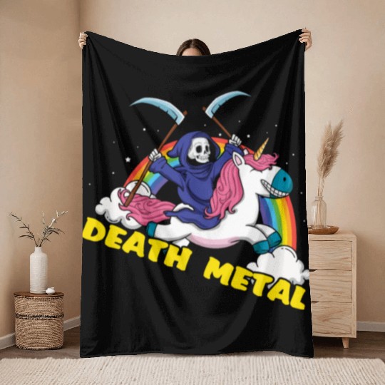 Skeleton Unicorn Rainbow Metal Music Lover Throw Blankets
