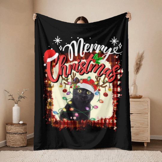 Festive Cat Christmas Lights Design Throw Blankets
