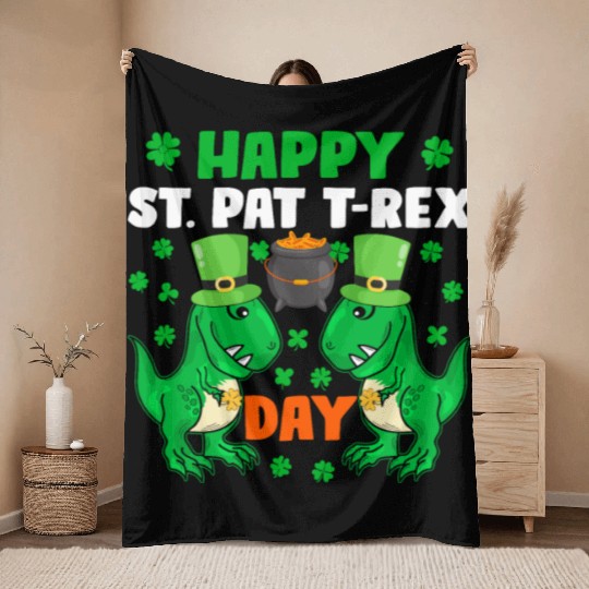 Happy St. Pat T-rex Day Cute St. Patrick's Pun Kid Throw Blankets