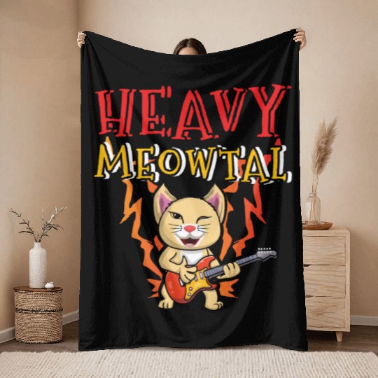 Kawaii Cat Heavy Meow Metal Music Lover Guitar Throw Blankets