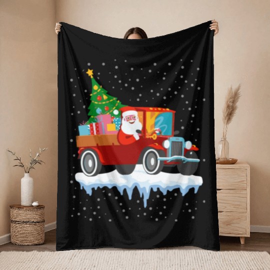 Red jeep pine tree Funny Merry Christmas family Throw Blankets