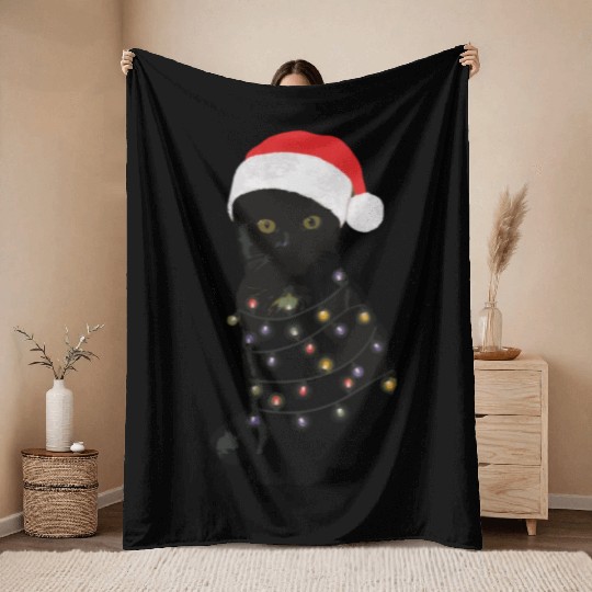 Black Cat Christmas Light Funny Cat Lover Throw Blankets