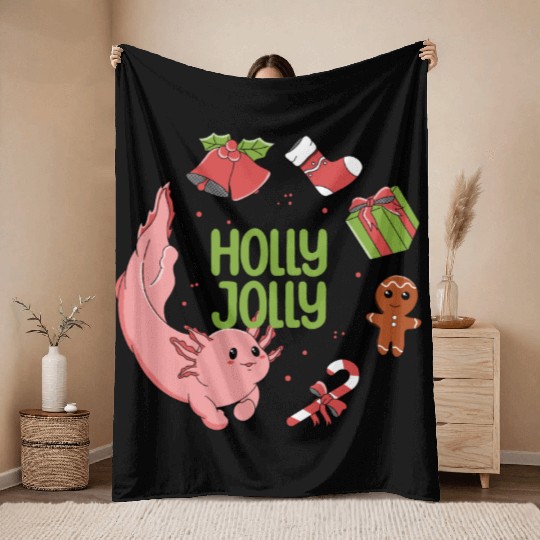 Holly Jolly Axolotl Throw Blankets