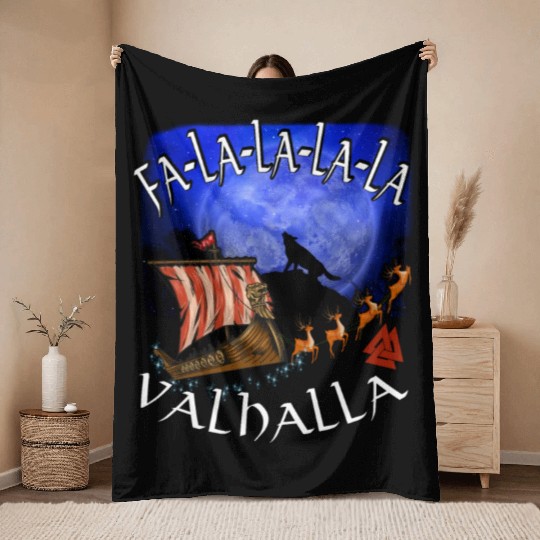Fa La La La Valhalla Christmas Dragon Ship Vikings Throw Blankets
