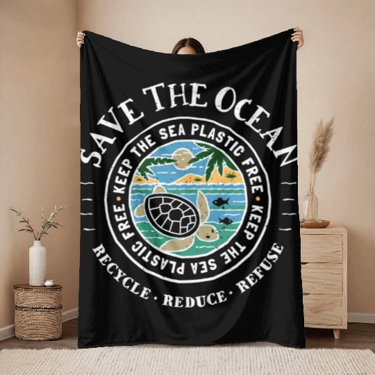 Save The Ocean Keep The Sea Plastic Free Turtle Throw Blankets