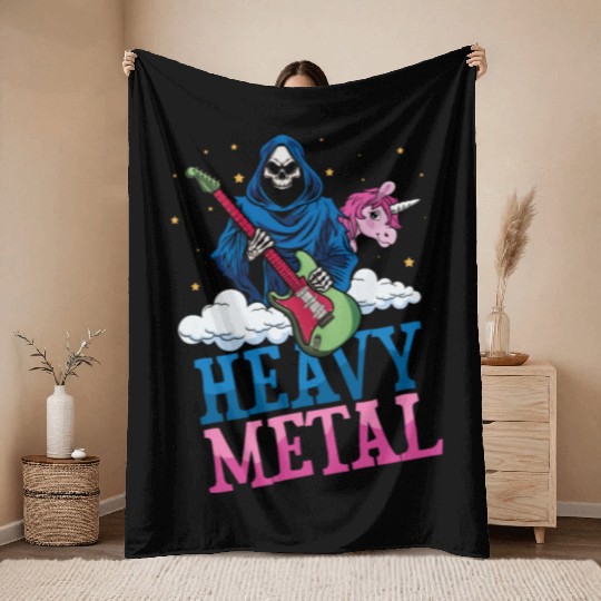 Grim Bone Unicorn Rainbow Metal Music Heavy Rock Throw Blankets